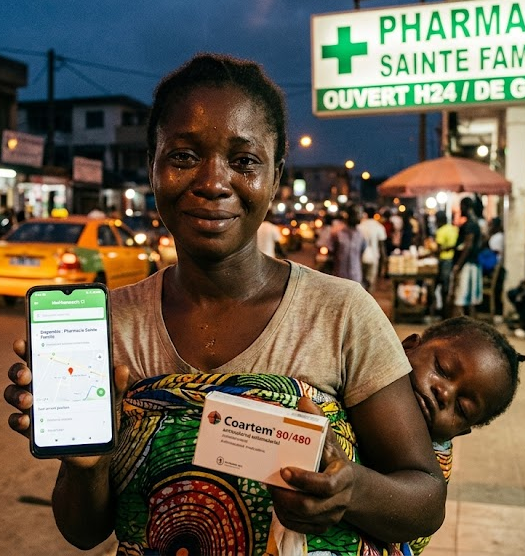 Patiente devant la Pharmacie Sainte Famille à Abidjan, avec l'application MaPharmacie CI et sa boîte de médicament